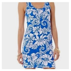 Lilly Pulitzer Tank Mini Dress Blue‎ White Floral Seahorse Print Gold Size Small